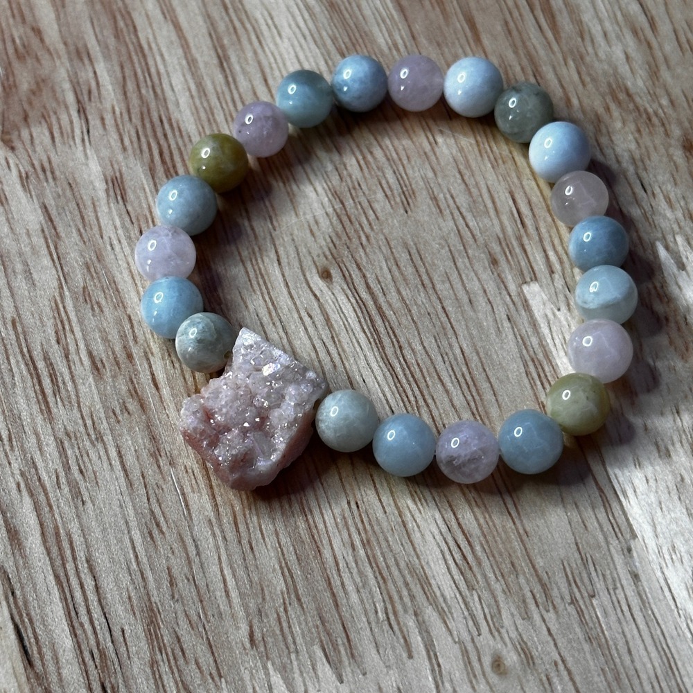 Pastel Gemstone Beaded Stretch Bracelet with Pink Raw Druzy Quartz Cluster Focal